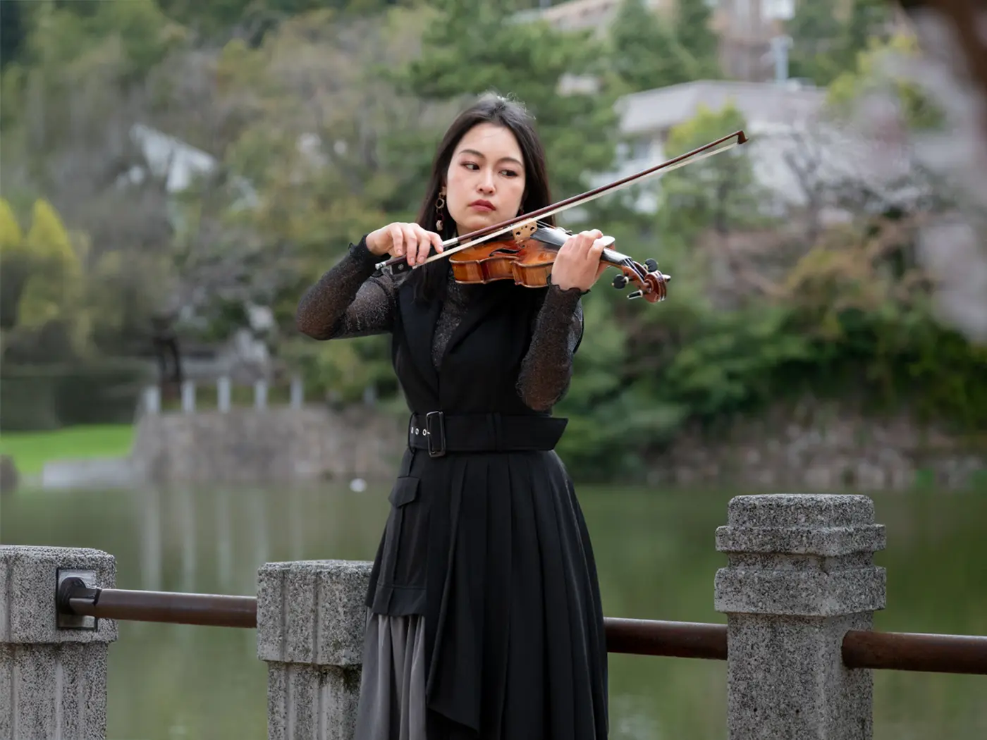 Violin performance by the lake